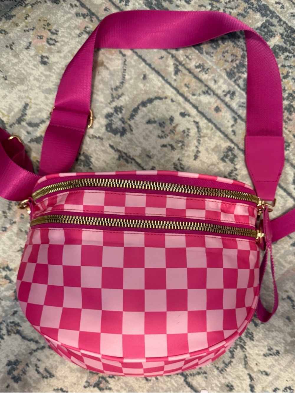 Pink Checkered Crossbody Bag with Gold Zippers